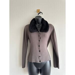 Vintage Y2K Faux Fur Collar Cardigan Gray Button Front Cozy Sweater Size Small